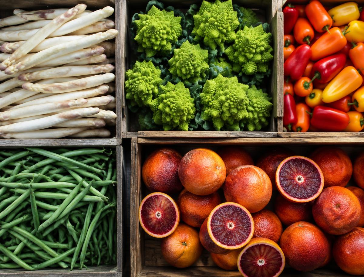 White asparagus, romanesco, peppers, haricots verts and blood oranges