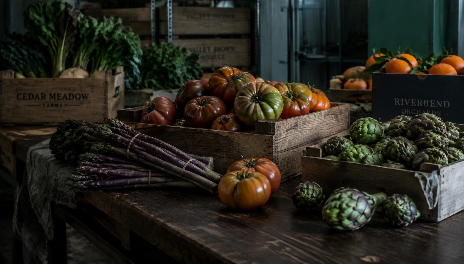 Heirloom tomatoes, purple asparagus and artichokes in wooden crates